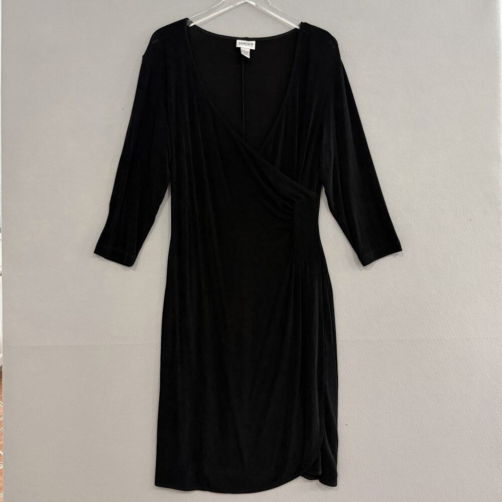 Chico's Travelers Dress Size 2/Large Black Faux Wrap Acrylic Knit Workwear
